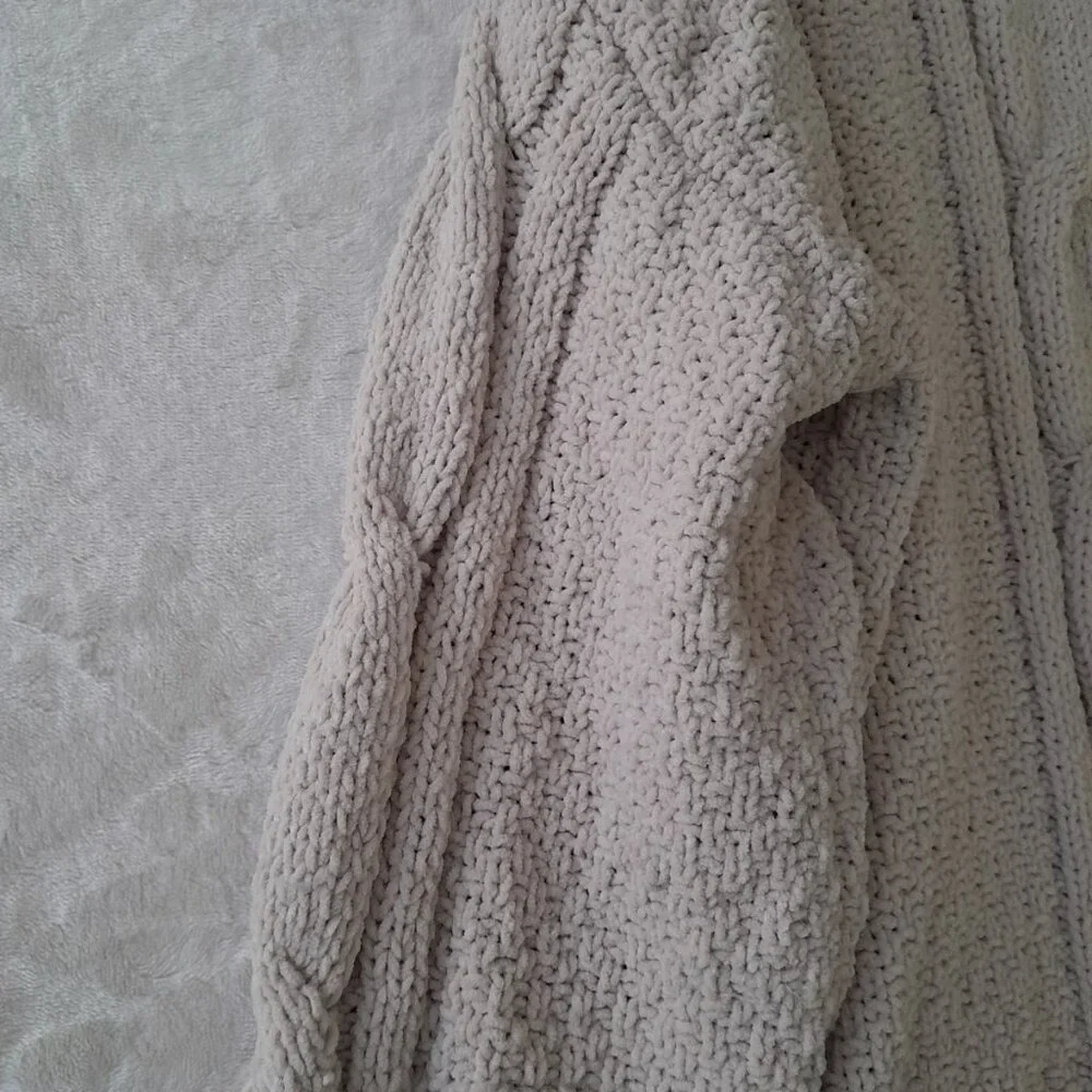 Seven 7 Chunky Cable Knit Chenille Turtleneck Sweater XL Balloon Sleeve Lt Beige